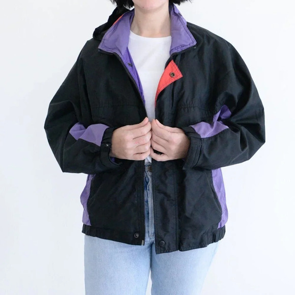 Vintage 90s Whitefish Bay Black And Purple Zip Up Windbreaker With Hidden Hood S - Picture 2 of 13